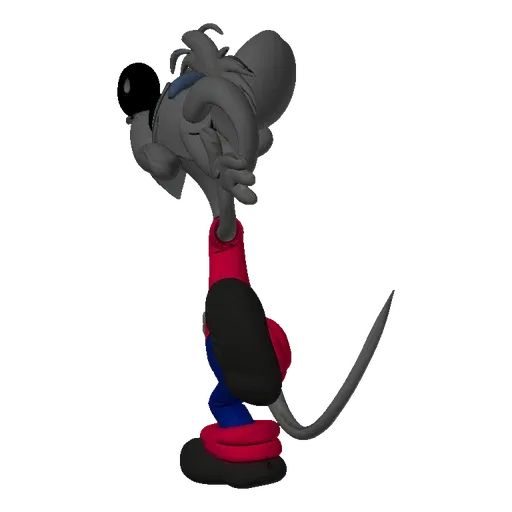 A 3D render of a cartoon mouse character with large blue eyes, wearing a red shirt and blue pants, in a dynamic running pose