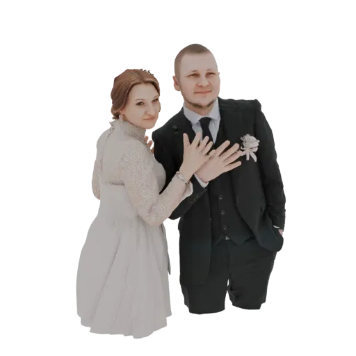 3D model of a wedding couple, a bride in a white lace dress and a groom in a black suit, embracing tenderly.