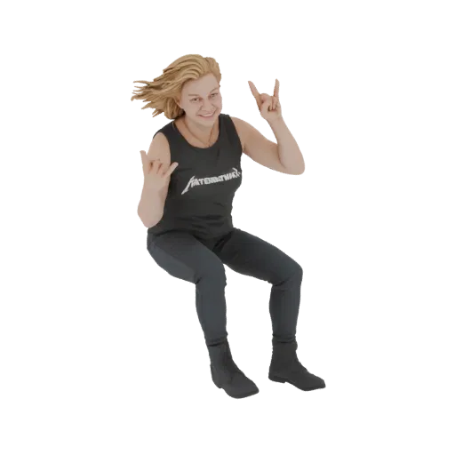 3D model of a woman with blonde hair, wearing a black tank top and dark pants, striking a rock 'n' roll hand gesture.