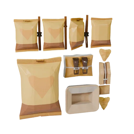 Snack Chip Bag Low Poly 3D model, game viewport three-quarter view, showing cardboard, package massing.