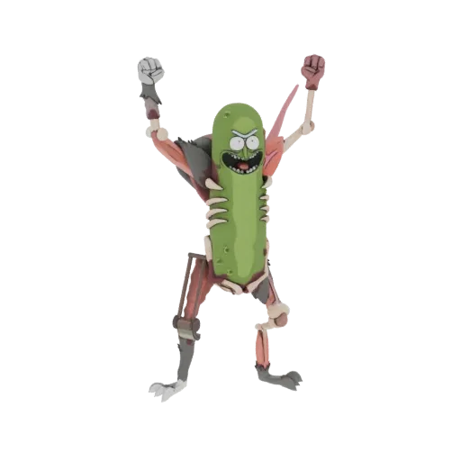 3D model of Rick Sanchez in his pickle form, with exposed muscles and skeleton, arms raised in a triumphant pose.