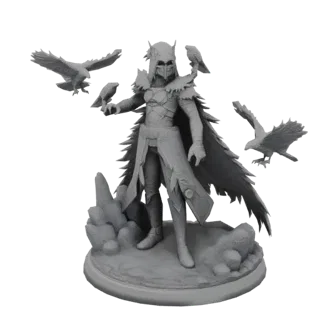 3D model of a fantasy Eagle Lord miniature with feathered armor, holding a bird, with eagles flying around.