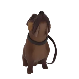 Modelo 3D de un bulldog gordito marrón con collar y correa oscuros, mirando hacia arriba.