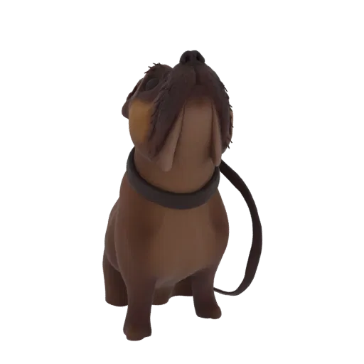 3D-Modell einer dicken braunen Bulldogge mit dunklem Halsband und Leine, die nach oben blickt.
