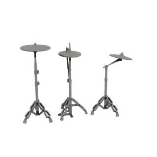 Un rendering 3D di tre supporti per piatti da batteria grigi con basi a treppiede e bracci regolabili, su uno sfondo bianco.