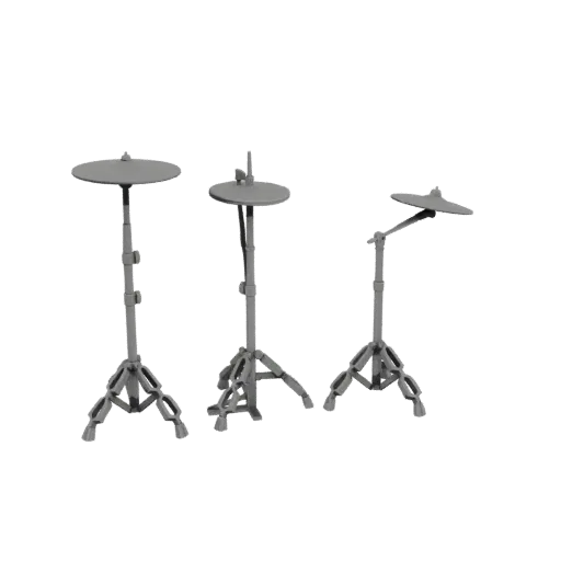 Uma renderização 3D de três suportes de pratos de bateria cinzas com bases de tripé e braços ajustáveis, contra um fundo bran