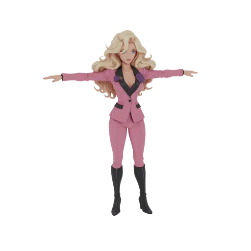 3D model of a woman with blonde hair wearing a pink suit and black boots, standing in a T-pose.