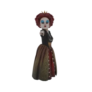 3D model of the Queen of Hearts from Alice in Wonderland, with red hair, dramatic makeup, and a regal gown, pointing forward.