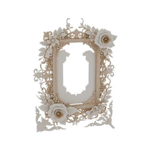 3D model of an ornate oval picture frame with detailed floral carvings and roses, rendered in a light beige color against a b