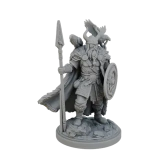 Modèle 3D d'un guerrier viking avec un casque orné de cornes, une cape en fourrure, une lance, un bouclier et deux corbeaux s