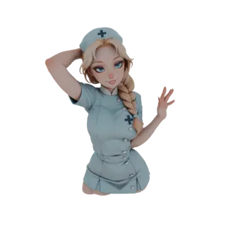 Modelo 3D de uma enfermeira anime com cabelo loiro trançado, vestindo uniforme azul claro, sorrindo e posando de forma brinca
