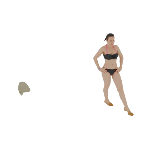 3D model of a woman in a black bikini with pink straps, posing with hands on hips, against a black background.