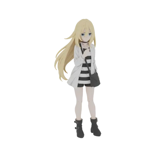 3D model of Rachel Alucard, a young anime girl with blonde hair, wearing a striped shirt, shorts, and a jacket, holding a bag