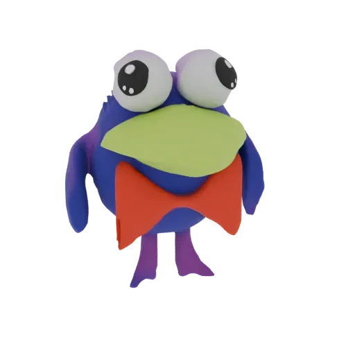 A 3D render of a blue cartoon bird with large, googly eyes and a red bowtie, standing on purple legs against a white backgrou