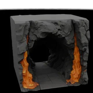 Modèle 3D de grotte avec lave orange coulante sur les côtés, plateforme grise et sentier menant à la sortie.