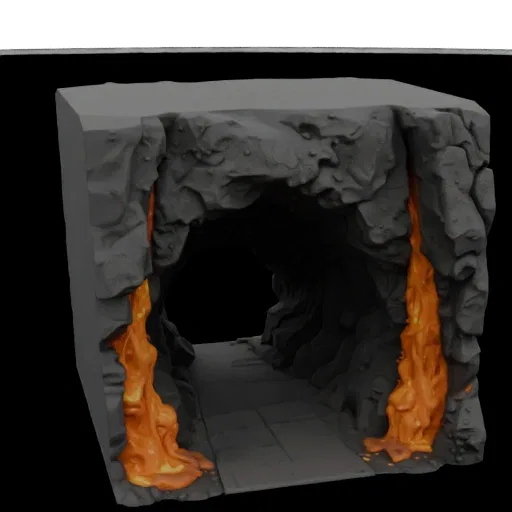 3D model of a cave with flowing orange lava on the sides, a gray platform, and a path leading to the exit.