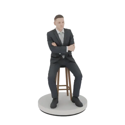 3D model of a businessman in a dark suit sitting on a wooden stool with his arms crossed, looking to the side.