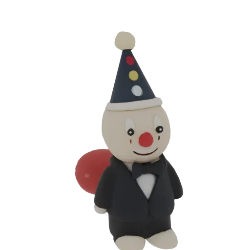 A 3D render of a cartoon-style clown wearing a black tuxedo and a party hat, holding a red balloon against a black background
