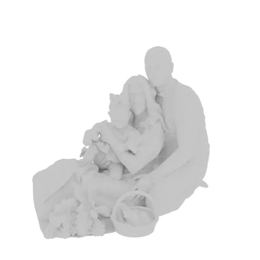 3D model of a family, including a father, mother, and child, in a loving embrace, with a basket at their feet.
