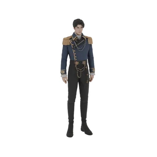 3D model of a 19th-century military officer in a blue uniform with gold epaulets and black trousers, standing against a white
