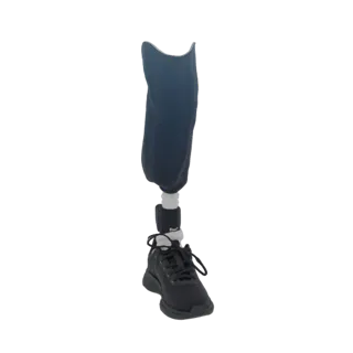 3D model of a prosthetic leg with a dark fabric socket and a black athletic sneaker, shown from the front.