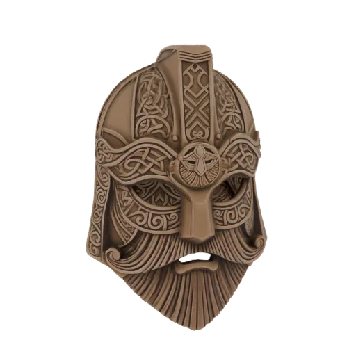 3D model of a bronze-colored Viking warrior mask with intricate knotwork and a detailed beard.