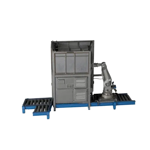 Assembly Robot Cell 3D model, side profile view, technical viewport render, showing painted steel, machine stations.