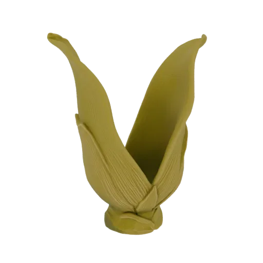A 3D model render of a stylized bamboo shoot designed as a napkin holder, with its leaves unfurling upwards.