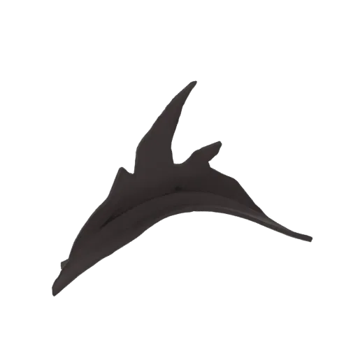 A dark, abstract 3D model of a sculpture with sweeping, wing-like forms, set against a black background.