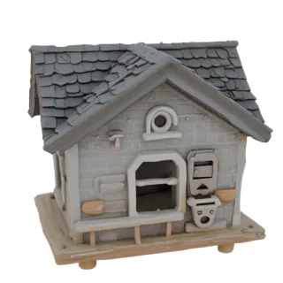 3D-Modell eines Hütten-Vogelfutterhauses mit Ziegeldach und Fassadendetails