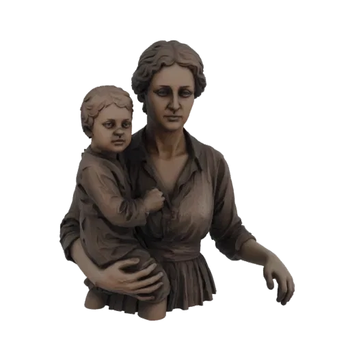 Modèle 3D d'une statue en bronze d'une mère tenant son enfant, avec des textures détaillées et un style artistique classique.