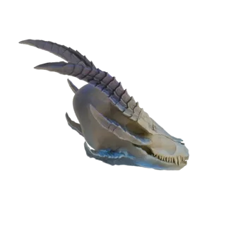 Una representación 3D detallada de un cráneo de dragón con dientes afilados, cuernos curvos y una cresta espinosa, presentado