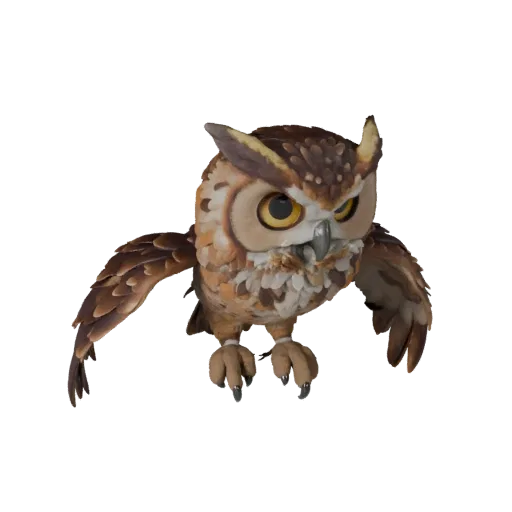 Cartoon Uhu 3D-Modell, Seitenansicht Wildtier-Rendering, stilisiertes Tier-Asset mit Schnabelprofil, geschichtetem Gefieder,