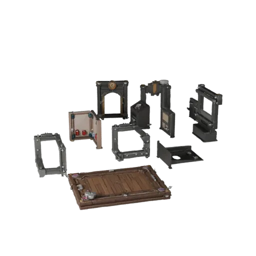 Dungeon Pressure Plate Low Poly 3D model, game viewport three-quarter view, showing metal hinges, form detail.