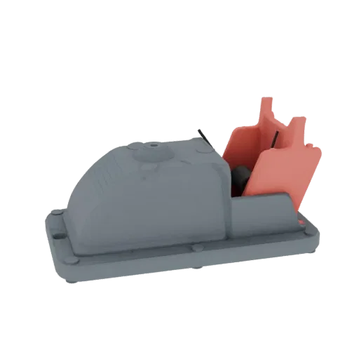 Modelo 3D de interruptor de pie industrial gris y coral con actuador negro, visto de lado sobre fondo blanco.