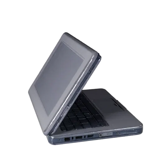 Business Convertible Notebook Stylized 3D model, stylized isometric render, showing brushed metal, open lid angle.