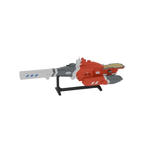 Un rendering 3D di un'astronave futuristica con corpo rosso e bianco, un lungo cannone bianco e dettagli motore grigi, espost