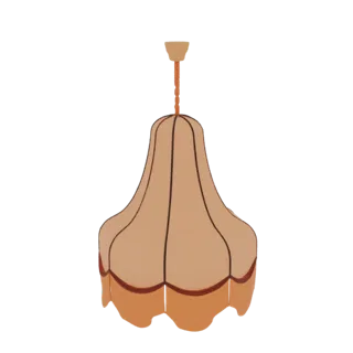 3D model of a vintage chandelier lampshade with a scalloped beige fabric shade and dark trim, hanging from a ceiling mount.