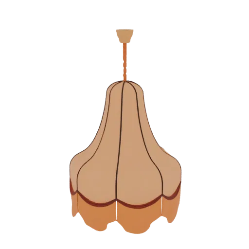 3D model of a vintage chandelier lampshade with a scalloped beige fabric shade and dark trim, hanging from a ceiling mount.