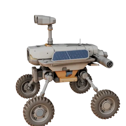Modelo 3D modular Explorador Drone de Marte, vista isométrica de kit modular, mostrando ruedas polvorientas, postura del vehí