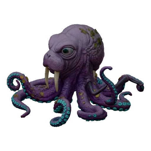 3D model of a purple octopus creature with walrus tusks and large eyes, tentacles spread out.