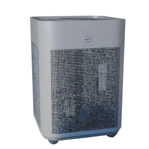 Compact Air Purifier 3D model, home interior, three-quarter front view, Unity viewport, plastic detail.
