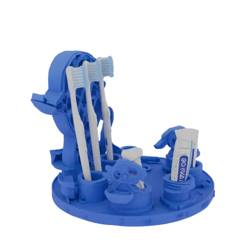 Blue 3D model of a toothbrush holder with holders and decorative duck figures