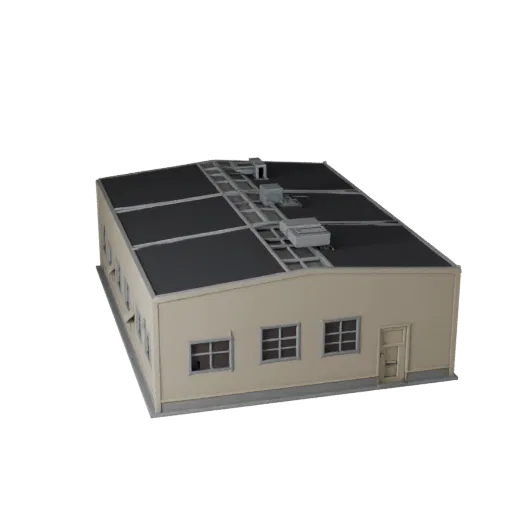 Modello 3D stilizzato di Kit Industriale Modulare, vista isometrica di un ambiente di gioco stilizzato, che mostra materiali