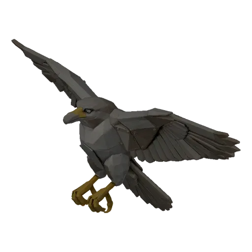 A low-poly 3D model of a grey falcon in mid-flight, with wings spread and talons visible, against a black background.