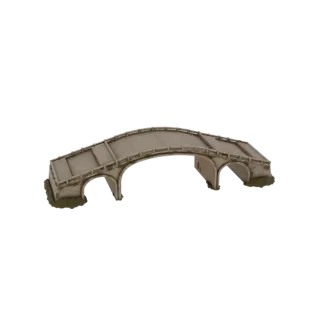 Modello 3D di un ponte ad arco in pietra invecchiata con due archi e ringhiere dettagliate, su sfondo bianco.