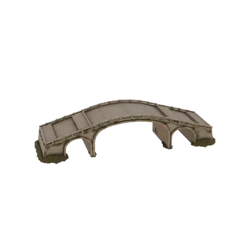 3D model of a weathered stone arch bridge with two arches and detailed railings, set against a white background.