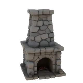 Modello 3D di camino medievale in pietra con focolare e legna, vista frontale