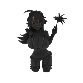 3D model of a dark-themed anime-style maid character with large eyes, holding a feather duster and posing playfully.
