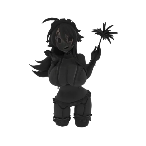 3D model of a dark-themed anime-style maid character with large eyes, holding a feather duster and posing playfully.